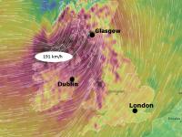 Lokal können Windböen von Orkan Ali deutlich stärker ausfallen, als die vorhergesagten 120 km/h. © Ventusky Orkan Ali England Irland