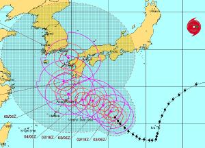 Noru hat einen südlichen Kurs gewählt und verpasst damit zunächst japanisches Festland. Ab dem Wochenende soll er jedoch Richtung Norden, direkt durch die Koreastraße ziehen. © JTWC taifun norut japan südkorea