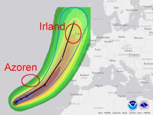 Die Karte des NHC zeigt die erwarteten Windgeschwindigkeiten an. Grün: bis ca. 70 km/h, Gelb: bis ca. 93 km/h, Rot: Über 100 km/h © NOOA/NHC Hurrikan Ophelia Irland