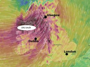 Lokal können Windböen von Orkan Ali deutlich stärker ausfallen, als die vorhergesagten 120 km/h. © Ventusky Orkan Ali England Irland