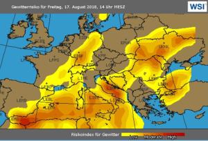 Vor allem in Südeuropa drohen heftige Gewitter am Freitag den Flugverkehr zu stören. Doch auch Deutschland könnte betroffen sein. © Eurocontrol Gewitter Mallorca Europa Karte